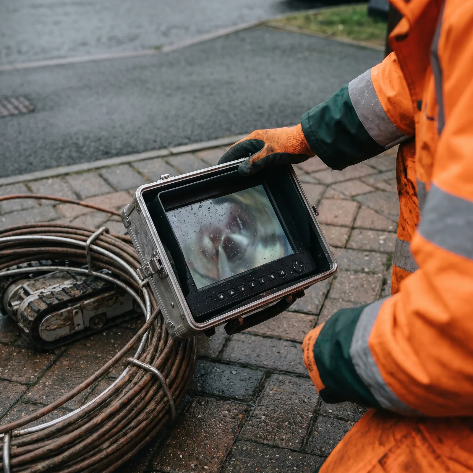 CCTV drain diagnostics shown on a tablet beside drainage equipment