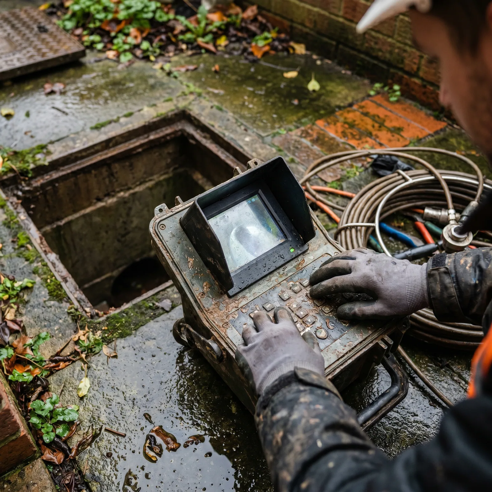 CCTV drain survey monitor beside an open inspection chamber