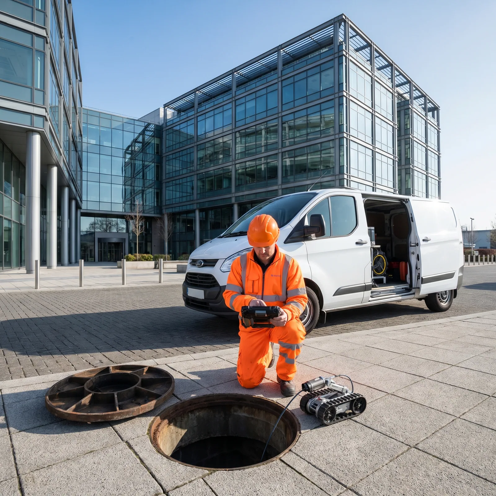 Commercial drainage engineer working beside an open manhole