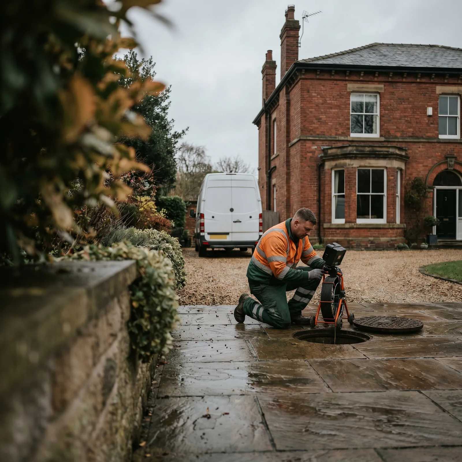 Drainage engineer clearing a blocked drain on a residential driveway