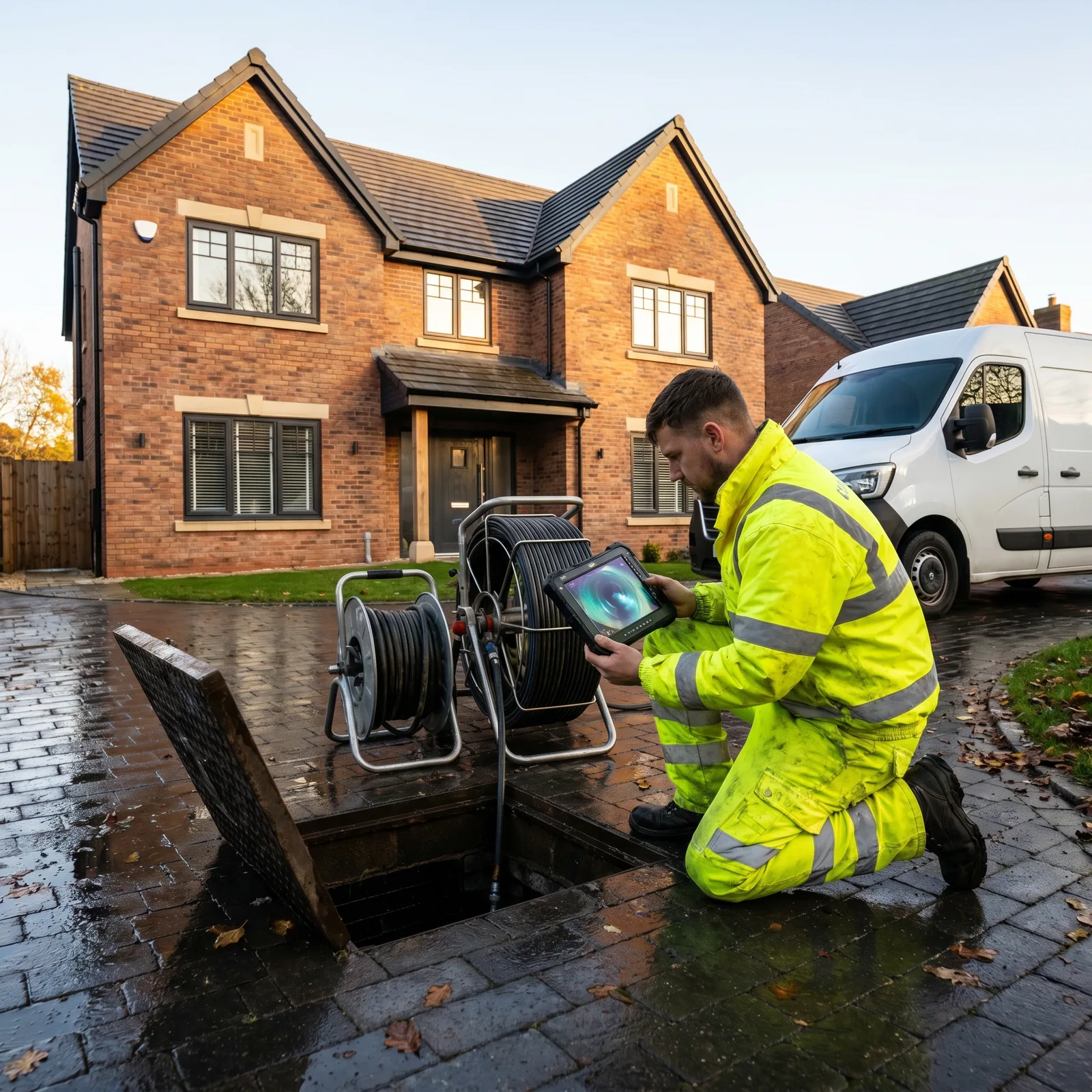 Drainage engineer clearing an outside drain at a Leeds home