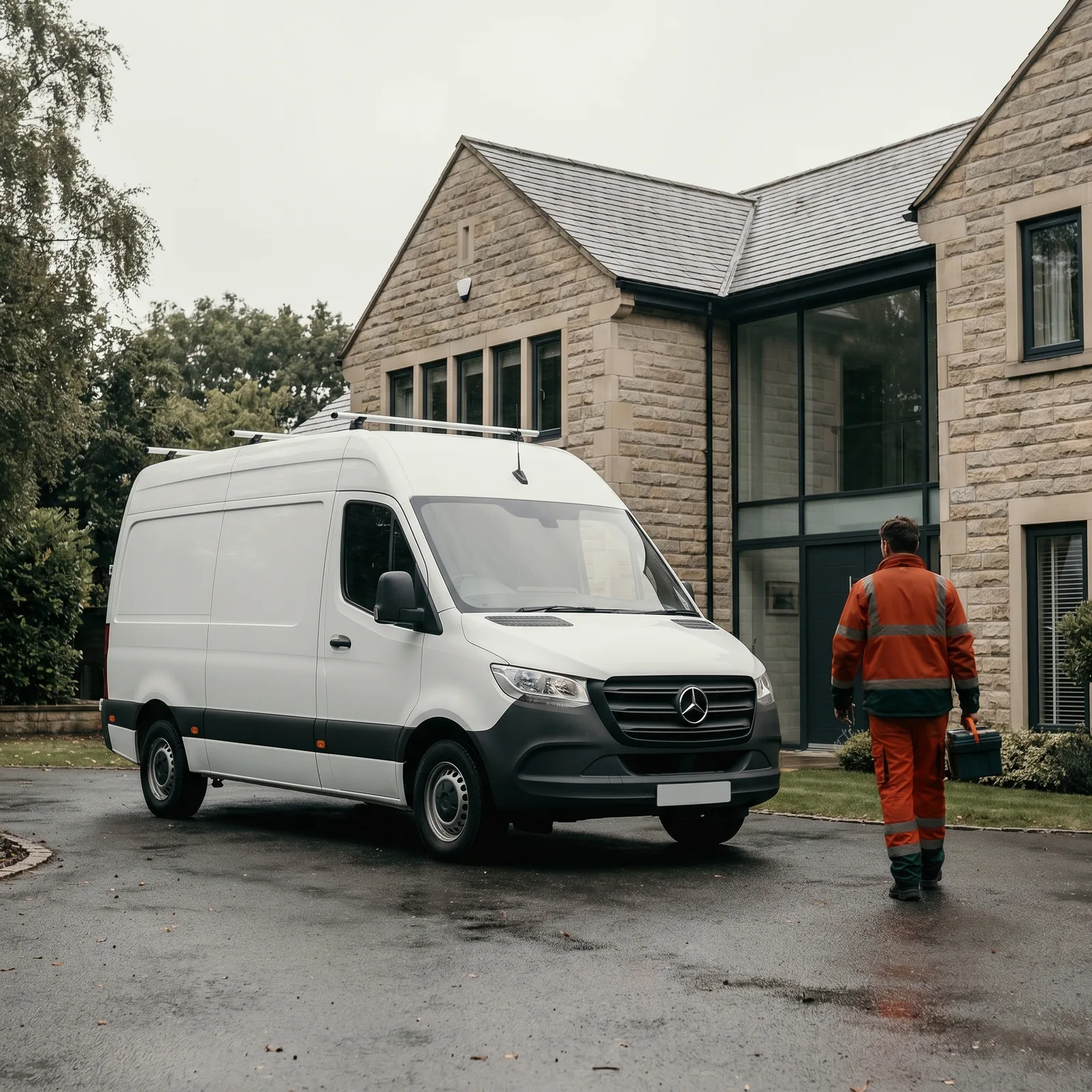Local drainage engineer beside a service van at a Leeds property