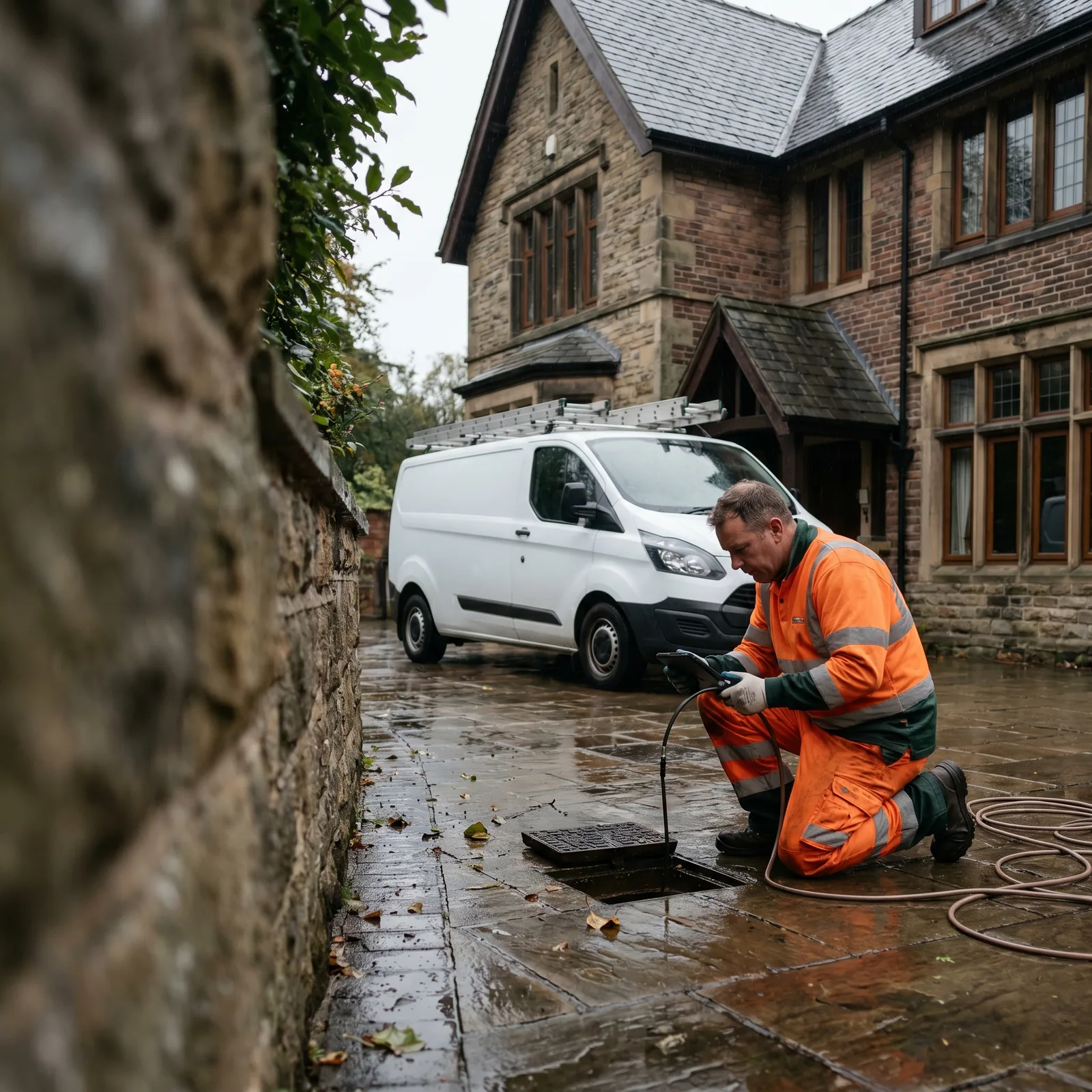 Engineer working beside an open outside drain