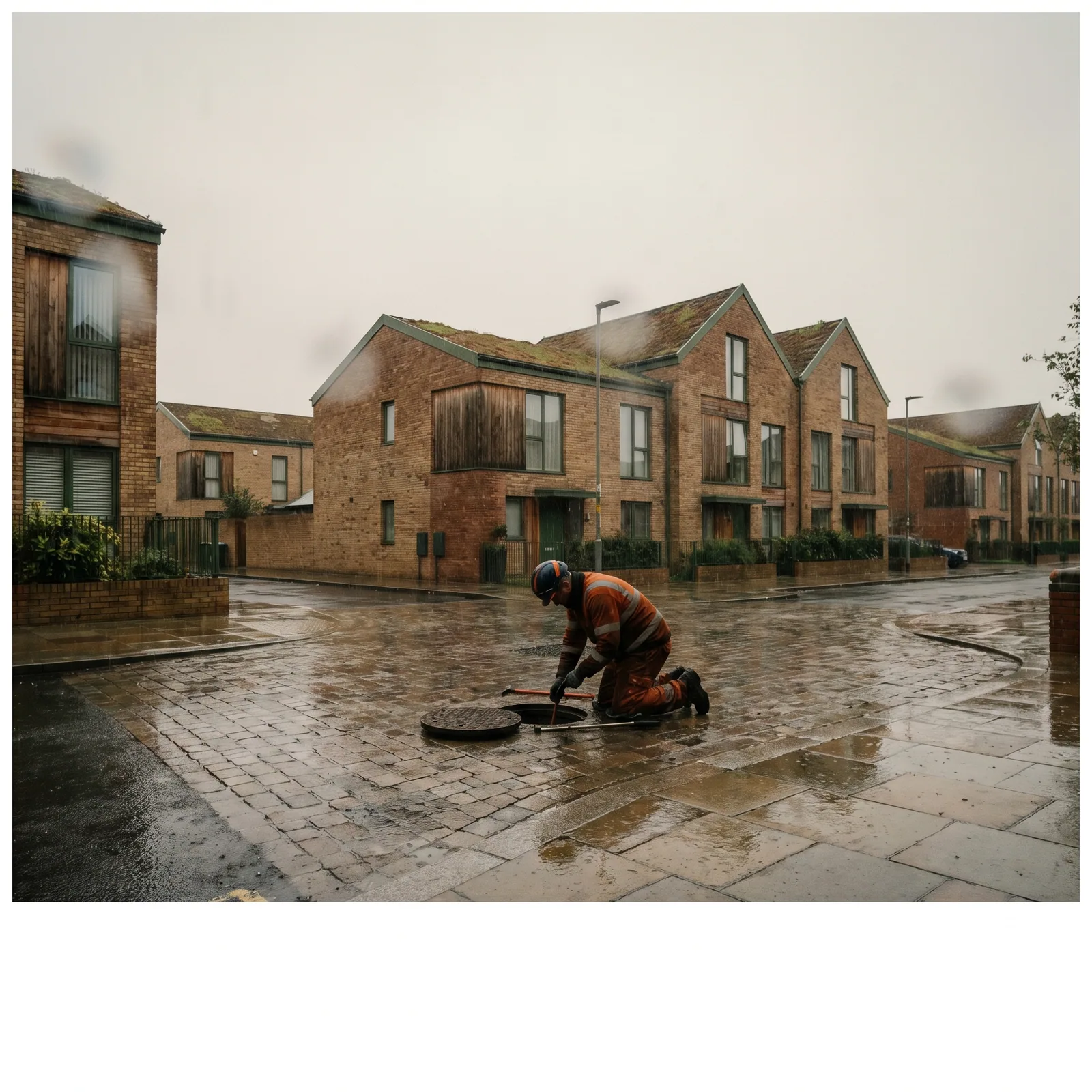 Engineer investigating a residential drainage problem before repair advice